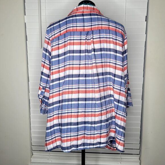 Catherines Red White Blue Patriotic Plaid Twist Front Button Down Blouse Size 3X - Picture 2 of 6